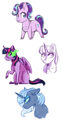 Size: 900x1744 | Tagged: safe, artist:yomitai, princess luna, starlight glimmer, twilight sparkle, alicorn, pony, g4, chest fluff, chibi, curved horn, dark magic, ear fluff, eyeshadow, horn, looking at you, magic, makeup, raised hoof, simple background, sketch, sombra eyes, twilight sparkle (alicorn), white background