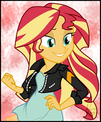 Size: 1749x2110 | Tagged: safe, artist:namyg, sunset shimmer, equestria girls, g4, clothes, credits, female, grin, jacket, lidded eyes, pants, shirt, smiling, solo