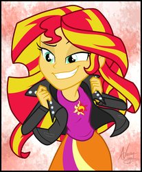 Size: 1749x2110 | Tagged: safe, artist:lunchie, artist:namyg, sunset shimmer, equestria girls, g4, my little pony equestria girls: rainbow rocks, clothes, end credits, female, grin, jacket, leather jacket, pants, shine like rainbows, shirt, smiling, solo