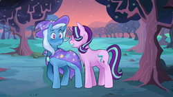 Size: 1024x576 | Tagged: safe, artist:unknownquestions, starlight glimmer, trixie, pony, unicorn, g4, blushing, female, lesbian, ship:startrix, shipping, surprised, sweat