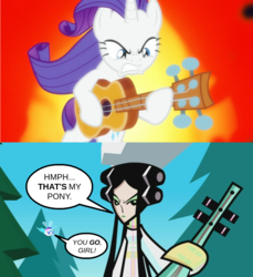 Size: 920x1004 | Tagged: safe, artist:trini-mite, rarity, oc, oc:trini-mite, pony, twittermite, g4, honest apple, my little pony: friendship is magic, comic, dialogue, exploitable meme, guitar, guitarity, hero 108, meme, musical instrument, rattle diva, same voice actor, speech bubble, tabitha st. germain, that's my pony, that's my x, you go girl