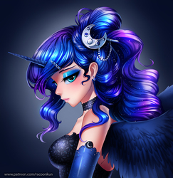 Size: 900x926 | Tagged: safe, artist:racoonsan, princess luna, alicorn, human, bare shoulders, beautiful, blushing, bust, choker, clothes, evening gloves, eyeshadow, female, galaxy mane, gloves, horned humanization, humanized, long gloves, makeup, portrait, sleeveless, solo, winged humanization, wings