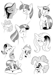 Size: 1071x1517 | Tagged: safe, artist:phoenixperegrine, applejack, fluttershy, limestone pie, pinkie pie, rarity, twilight sparkle, pony, g4, :o, blushing, crying, expressions, faic, grayscale, gritted teeth, monochrome, open mouth, prone, simple background, tongue out, wide eyes