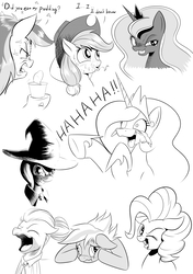 Size: 1071x1517 | Tagged: safe, artist:phoenixperegrine, applejack, cloudchaser, pinkie pie, princess celestia, princess luna, rainbow dash, trixie, zephyr breeze, pony, unicorn, g4, blatant lies, blushing, crying, expressions, faic, female, floppy ears, food, grayscale, grin, laughing, liarjack, mare, monochrome, one eye closed, open mouth, pudding, simple background, smiling, tongue out, whistling, wink