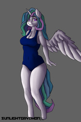 Size: 4000x6000 | Tagged: safe, artist:sunlightgryphon, princess celestia, alicorn, anthro, unguligrade anthro, g4, absurd resolution, breasts, busty princess celestia, clothes, female, gray background, one-piece swimsuit, simple background, solo, spread wings, swimsuit, wings