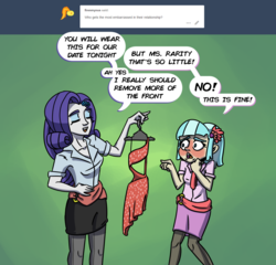 Size: 1200x1150 | Tagged: safe, artist:rawrienstein, coco pommel, rarity, equestria girls, g4, ask, blushing, clothes, dress, equestria girls-ified, tumblr