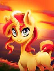 Size: 1451x1900 | Tagged: safe, artist:thegraid, sunset shimmer, pony, unicorn, g4, cloud, female, looking at you, ocean, smiling, solo, sunset, water