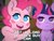 Size: 1200x900 | Tagged: safe, artist:omegaozone, pinkie pie, twilight sparkle, alicorn, earth pony, pony, g4, blush sticker, blushing, chest fluff, chibi, ear fluff, female, frown, get a load of this guy, lidded eyes, looking at you, mare, no pupils, open mouth, pointing, smiling, twilight sparkle (alicorn), unamused, wayne's world