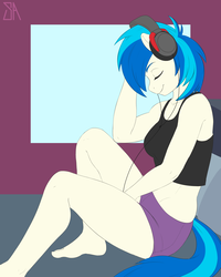 Size: 2400x3000 | Tagged: safe, artist:souladdicted, dj pon-3, vinyl scratch, unicorn, anthro, plantigrade anthro, g4, barefoot, bed, breasts, clothes, eyes closed, feet, female, headphones, high res, mare, midriff, relaxing, request, requested art, shorts, smiling, solo, tank top