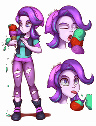 Size: 2893x3800 | Tagged: safe, artist:gabbslines, starlight glimmer, equestria girls, equestria girls specials, g4, mirror magic, beanie, bust, clothes, dropped ice cream, eyes closed, female, food, hat, high res, ice cream, licking, shirt, simple background, solo, that human sure does love ice cream, that pony sure does love ice cream, tongue out, vest