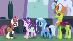 Size: 6400x3600 | Tagged: safe, artist:osipush, moondancer, starlight glimmer, thorax, trixie, changedling, changeling, pony, unicorn, g4, absurd resolution, clothes, female, glasses, group, king thorax, looking at each other, mare, statue, story in the source