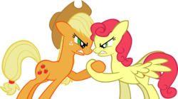 Size: 6452x3599 | Tagged: safe, artist:ironm17, applejack, strawberry sunrise, earth pony, pegasus, pony, g4, honest apple, absurd resolution, angry, arm wrestling, duo, duo female, female, hoofwrestle, looking at each other, mare, simple background, transparent background, vector
