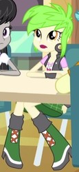 Size: 204x443 | Tagged: safe, screencap, cherry crash, octavia melody, equestria girls, g4, my little pony equestria girls: rainbow rocks, boots, clothes, cropped, ear piercing, earring, female, fingerless gloves, jewelry, piercing, shoes, skirt