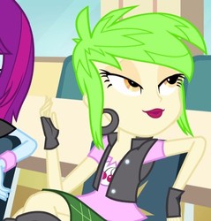 Size: 590x617 | Tagged: safe, screencap, cherry crash, mystery mint, equestria girls, g4, my little pony equestria girls: rainbow rocks, boots, clothes, cropped, ear piercing, earring, female, fingerless gloves, gloves, jewelry, lidded eyes, piercing, shoes, skirt
