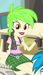 Size: 235x406 | Tagged: safe, screencap, cherry crash, equestria girls, g4, my little pony equestria girls, belt, clothes, cropped, ear piercing, earring, female, fingerless gloves, gloves, jewelry, piercing, skirt, solo focus
