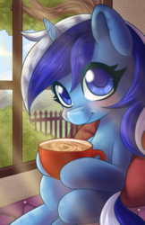 Size: 594x918 | Tagged: safe, artist:bumblebun, minuette, pony, unicorn, g4, coffee, commission, crepuscular rays, cute, female, looking at you, mare, morning, morning ponies, smiling, solo, sunlight, window