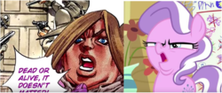 Size: 3177x1334 | Tagged: safe, screencap, diamond tiara, earth pony, pony, crusaders of the lost mark, g4, arin hanson face, comparison, funny valentine, gun, image macro, jojo's bizarre adventure, meme, possible reference, president, shotgun, steel ball run, weapon