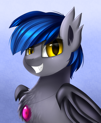 Size: 1446x1764 | Tagged: safe, artist:pridark, oc, oc only, oc:styxus, bat pony, pony, bust, commission, fangs, gem, grin, jewelry, looking at you, male, necklace, night guard, portrait, royal guard, slit pupils, smiling, solo, stallion
