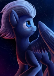 Size: 895x1250 | Tagged: safe, artist:camyllea, night glider, pegasus, pony, g4, female, looking at something, looking back, mare, night, smiling, solo, starry night, stars