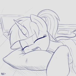 Size: 2000x2000 | Tagged: safe, artist:suspega, oc, oc only, oc:prisma watercolor, alicorn, pony, alicorn oc, cute, drawing tablet, eyes closed, female, high res, lying down, mare, monochrome, notebook, open mouth, pillow, ponytail, sketch, sleeping, solo, yawn
