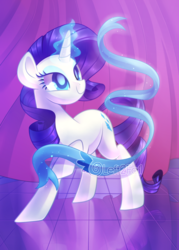 Size: 3000x4200 | Tagged: safe, artist:drawntildawn, rarity, pony, unicorn, g4, eyeshadow, fabric, female, glowing horn, high res, horn, magic, makeup, mare, obtrusive watermark, raised hoof, ribbon, smiling, solo, watermark