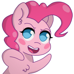 Size: 1172x1168 | Tagged: safe, artist:omegaozone, pinkie pie, earth pony, pony, g4, blush sticker, blushing, chest fluff, chibi, ear fluff, female, looking at you, mare, no pupils, simple background, solo, transparent background