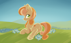 Size: 1618x984 | Tagged: safe, artist:dusthiel, junebug, earth pony, pony, g4, butt, dock, featureless crotch, female, flower, grass, junebutt, looking at you, looking back, looking back at you, mare, plot, prone, rear view, solo, underhoof