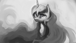 Size: 1280x720 | Tagged: safe, artist:hierozaki, princess luna, alicorn, pony, g4, female, grayscale, monochrome, smiling, solo