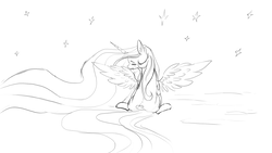 Size: 1280x720 | Tagged: safe, artist:hierozaki, princess celestia, alicorn, pony, g4, black and white, both cutie marks, crying, dock, ear fluff, eyes closed, female, grayscale, monochrome, rear view, sad, sitting, solo, spread wings, stars, wings