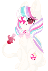 Size: 2048x3000 | Tagged: safe, artist:cinnamontee, oc, oc only, oc:magic sprinkles, bat pony, pony, augmented tail, bow, candy, colored pupils, female, food, high res, lollipop, mare, neck bow, simple background, sitting, solo, transparent background