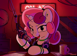 Size: 1250x922 | Tagged: safe, artist:bobdude0, sweetie belle, pony, unicorn, g4, clothes, cup, ear piercing, female, mare, microphone, older, piercing, radio, smiling, solo