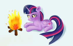 Size: 1500x950 | Tagged: safe, artist:brok-enwings, twilight sparkle, alicorn, pony, g4, blue background, campfire, cute, female, prone, simple background, smiling, solo, twiabetes, twilight sparkle (alicorn)