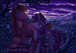 Size: 1167x819 | Tagged: safe, artist:jowyb, big macintosh, sugar belle, earth pony, pony, g4, hard to say anything, basket, female, male, saddle bag, ship:sugarmac, shipping, straight