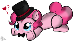 Size: 1300x700 | Tagged: safe, artist:pinkiepie6680, pinkie pie, earth pony, pony, g4, bowtie, crossover, female, five nights at freddy's, hat, heart, nom, prone, simple background, solo, top hat, transparent background