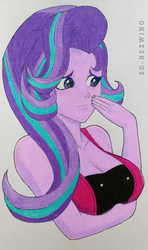 Size: 532x900 | Tagged: safe, artist:silver-wingx, starlight glimmer, equestria girls, g4, big breasts, breasts, busty starlight glimmer, cleavage, clothes, female, nail polish, simple background, smiling, solo, sports bra, traditional art