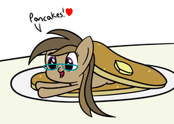 Size: 1400x1000 | Tagged: safe, artist:joey, oc, oc only, oc:dawnsong, earth pony, pony, butter, cute, dialogue, female, filly, food, glasses, heart, mare, open mouth, pancakes, plate, ponies in food, prone, silly, smiling, solo
