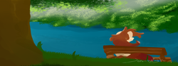 Size: 4000x1500 | Tagged: safe, artist:jen-neigh, oc, oc only, pony, bench, grass, leaves, river, solo, tree, water