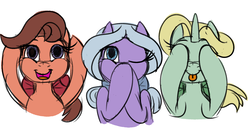 Size: 1958x1032 | Tagged: safe, artist:jen-neigh, dear darling, fond feather, swoon song, earth pony, pegasus, pony, unicorn, g4, hard to say anything, bimbettes, cute, female, hear no evil, mare, see no evil, simple background, sketch, speak no evil, three wise monkeys, tongue out, white background