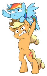 Size: 1169x1876 | Tagged: safe, artist:midnightpremiere, applejack, rainbow dash, earth pony, pegasus, pony, g4, bipedal, cowboy hat, epic wife tossing, fastball special, female, gritted teeth, hat, launch, mare, simple background, spread wings, stetson, transparent background, wings