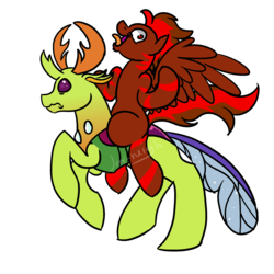 Size: 2000x2000 | Tagged: safe, artist:jen-neigh, thorax, oc, oc:tootsie4ever, changedling, changeling, pony, g4, to where and back again, high res, king thorax, ponies riding ponies, riding, simple background, transparent background