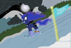 Size: 1500x1000 | Tagged: safe, artist:kinrah, princess luna, pony, unicorn, g4, a grand day out, female, moon, skiing, solo, wallace and gromit, wingless