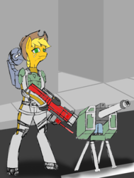 Size: 838x1108 | Tagged: safe, artist:glassmenagerie, applejack, earth pony, semi-anthro, g4, city, earth defense force, gun, science fiction, turret, weapon