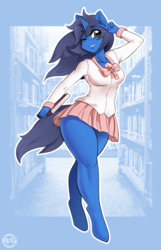 Size: 1000x1550 | Tagged: safe, artist:animatorrawgreen, oc, oc only, oc:klodette, anthro, unguligrade anthro, big breasts, book, bow, breasts, clothes, curvy, hooves, legs, miniskirt, one eye closed, peace sign, school uniform, schoolgirl, sexy, skirt, smiling, solo, thighs, wide hips, wink