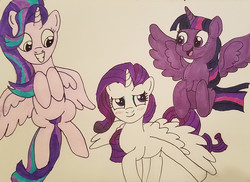 Size: 1876x1369 | Tagged: safe, artist:iffoundreturntorarity, rarity, starlight glimmer, twilight sparkle, alicorn, pony, g4, alicornified, cute, female, flying, race swap, raribetes, raricorn, starlicorn, traditional art, trio, trio female, twilight sparkle (alicorn)