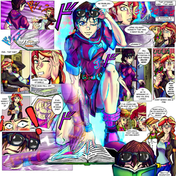 Size: 2000x2000 | Tagged: safe, artist:brother-lionheart, applejack, sunset shimmer, comic:twisted sunset, equestria girls, g4, achtung baby, armpits, comic, crossover, high res, jojo's bizarre adventure, shizuka joestar, stand