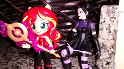 Size: 2592x1456 | Tagged: safe, artist:artking3000, sunset shimmer, equestria girls, g4, doll, equestria girls minis, eqventures of the minis, female, irl, marvel, nico minoru, outfit, photo, runaways, sister grimm, toy