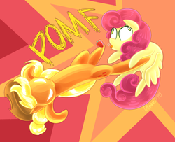 Size: 2080x1690 | Tagged: safe, artist:siggie740, applejack, strawberry sunrise, earth pony, pegasus, pony, g4, honest apple, abstract background, abuse, angry, cowboy hat, derp, duo, female, food, glowing eyes, hat, justice, kicking, mare, ouch, pomf, stetson, strawberrabuse, strawberry, tongue out