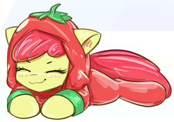 Size: 639x451 | Tagged: safe, artist:mirroredsea, apple bloom, pony, g4, :3, adorabloom, blushing, clothes, costume, cute, eyes closed, female, floppy ears, food, prone, solo, tomato, weapons-grade cute