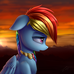 Size: 3000x3000 | Tagged: safe, artist:deltauraart, rainbow dash, pegasus, pony, fanfic:austraeoh, element of harmony, element of loyalty, fanfic, fanfic art, female, floppy ears, folded wings, mare, profile, scenery, solo, sunset
