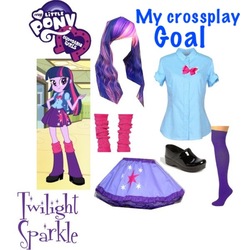 Size: 600x600 | Tagged: safe, twilight sparkle, equestria girls, g4, clothes, cosplay, costume, crossplay, eqg promo pose set, goal, idea, leg warmers, shirt, shoes, skirt, socks, wig